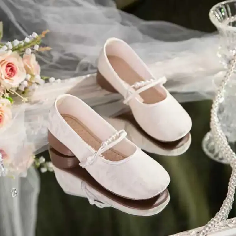 Vintage Mary Jane Shoes - Pearl Chunky Heel Slip-On Satin Flats, Shallow-Cut Cloth Shoes, Elegant Qipao Matching Women S Shoes