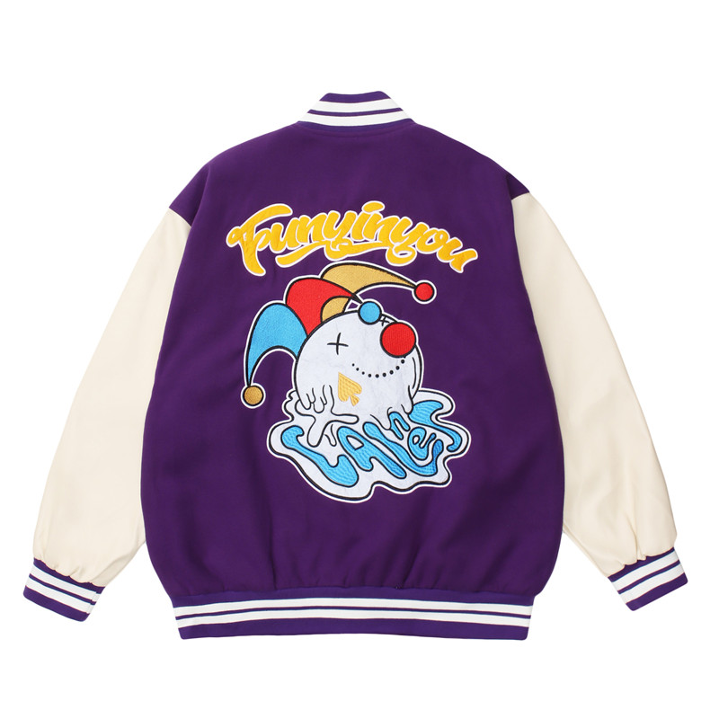 American Flocking Embroidery Poker Clown PU Leather Sleeve Baseball Uniform