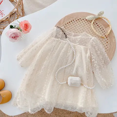 GIRLS Mesh Dress Lace Long Sleeve