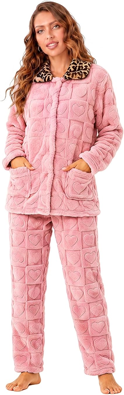RONGTAI Leopard Button Down Pajama Set Long Sleeve Plush Fleece PJs — image 5