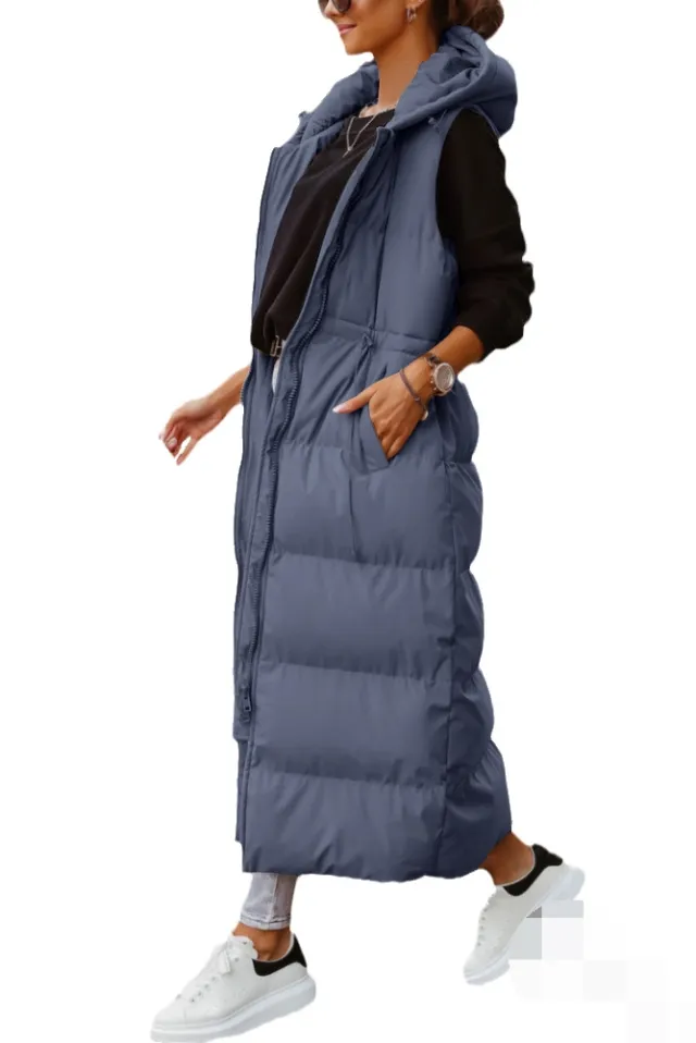 Solid Color Hooded Long Cotton Suit Slimming Blue - Shop at LoveMi