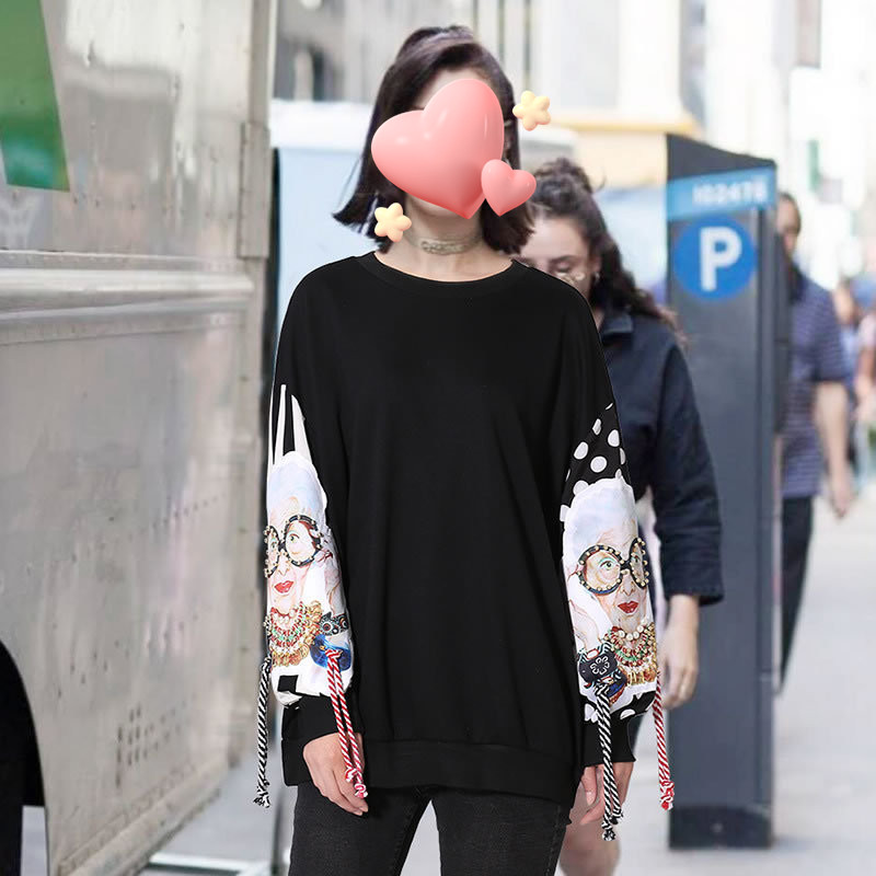 New Women's Black Long Sleeve Sweatshirt Patch Print Tassel