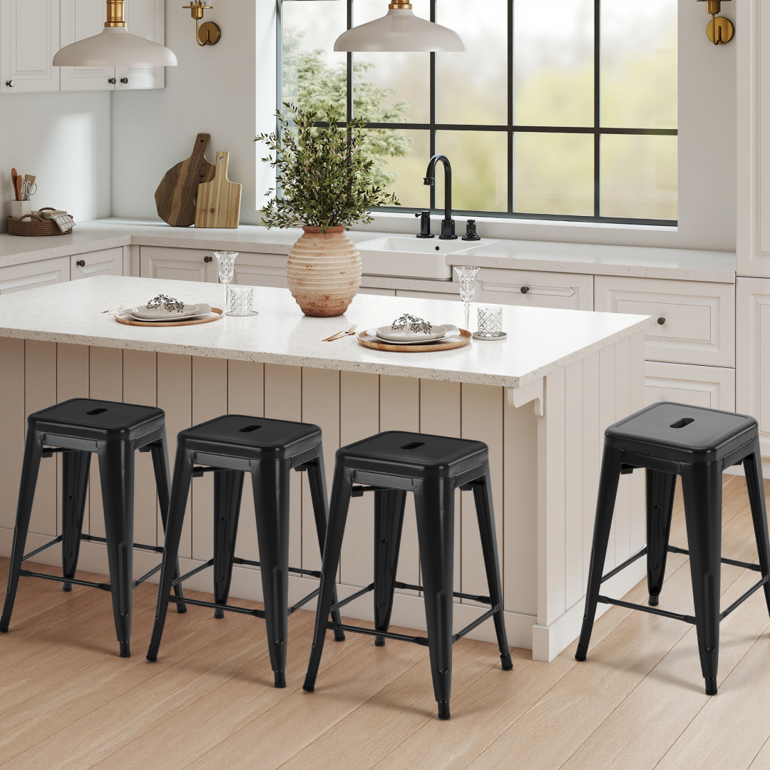 24 Inches Metal Bar Stools Set Of 4, Backless Counter Height Bar Stools For Kitchen, Outdoor Stackable Stools --No Assembly Required