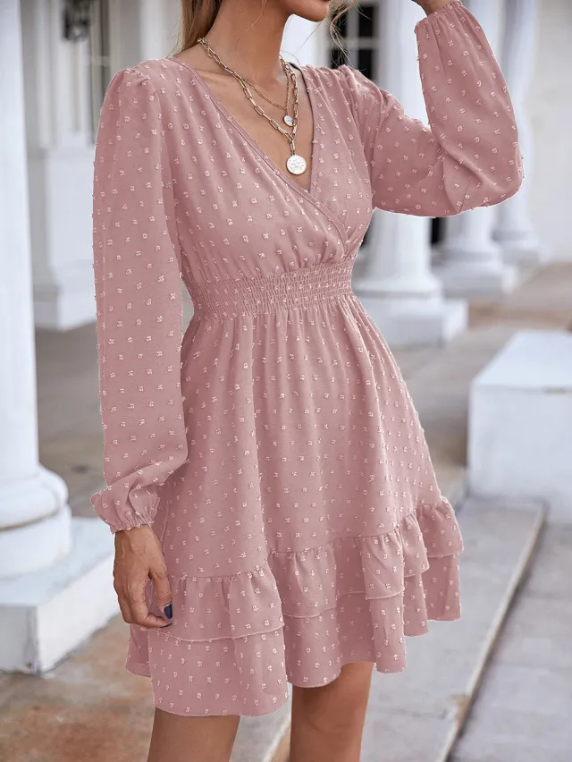 V Neck Long Sleeve Ruffle Fitted A Line Skirt Pink - Shop at LoveMi
