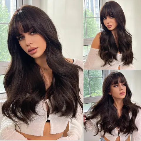 Long Brown Wigs with Bangs Wave Synthetic for Women