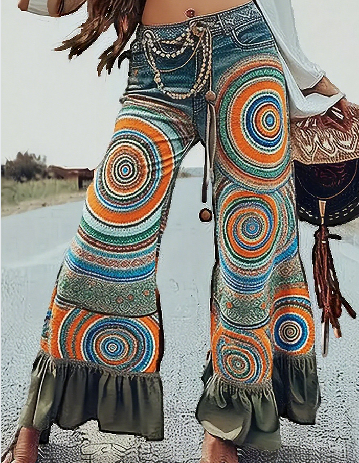 Pantalon évasé Ursime imprimé bohème à ourlet volanté – Color1, XL