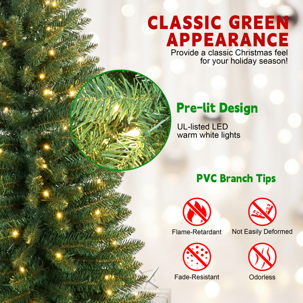 5FT Green Pencil Christmas Tree with 100 Warm White LED Lights – Slim PVC Tree with 263 Tips, Compact Design, Stable Metal Stand, Easy to Assemble-19