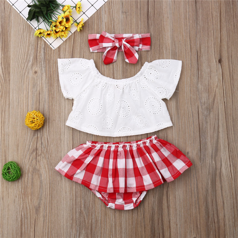 Lace Hollow Embroidered One-shoulder Top Plaid Shorts Set Headwear
