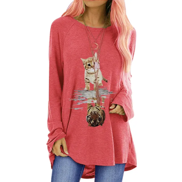 Loose Round Neck Long Sleeve T shirt For Women Carmine 2Xl - Shop at LoveMi