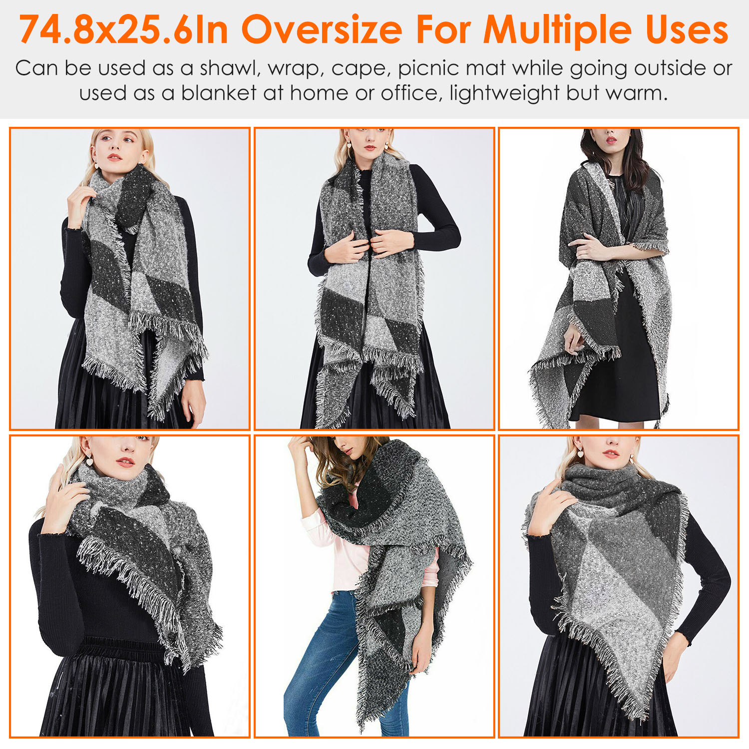 1Pc Women Winter Warm Scarf 74.8×25.6In Long Soft Knitted Shawl Extra Thick Plaid Blanket Wrap Cape