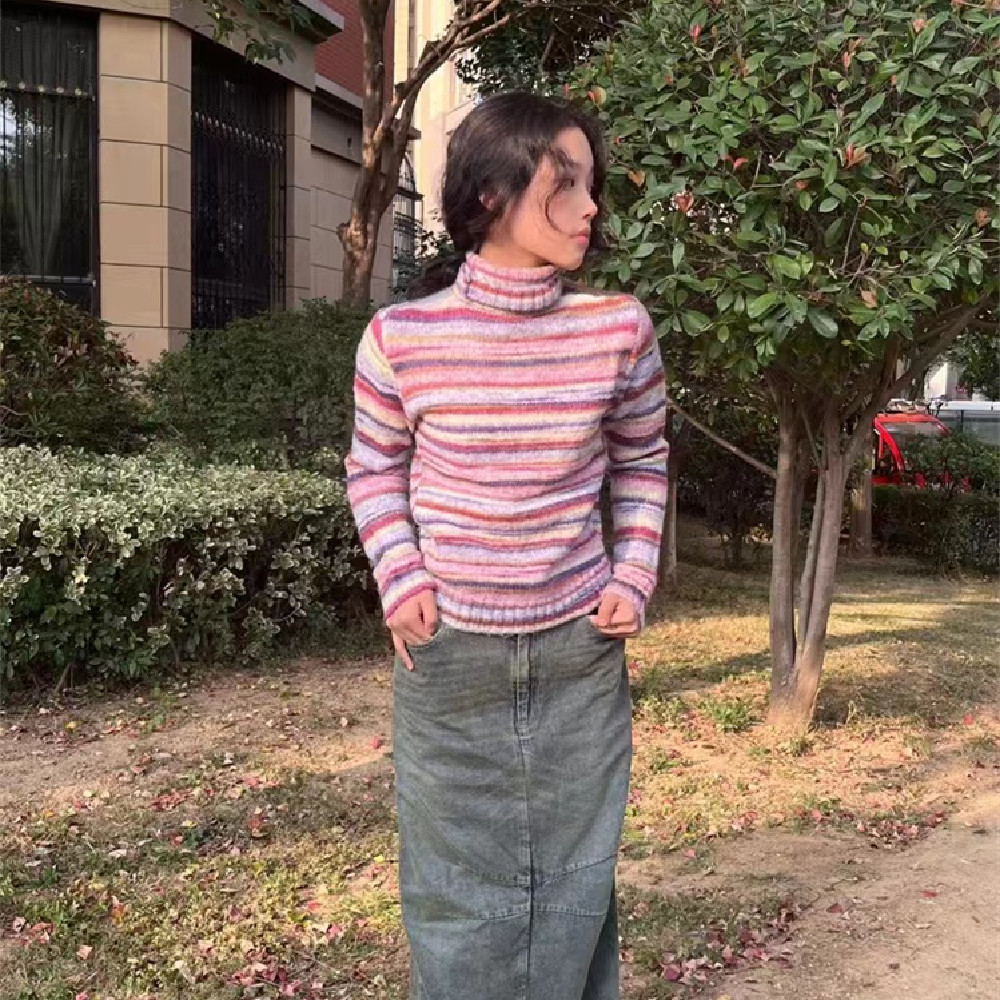 Title 2, Contrast High Neck Rainbow Stripe Sweater