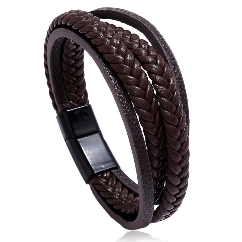 Multilayer Simple Woven Men's Leather Bracelet With Magnet Clasp