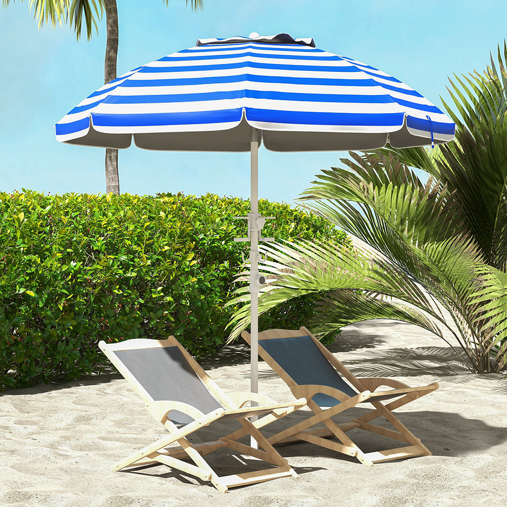 5.7' Beach Umbrella For Travel With Tilt, Adjustable Height, 2 Cup Holders, Hooks, Vent, Ruffles, Blue Stripe, Sapphire Blue