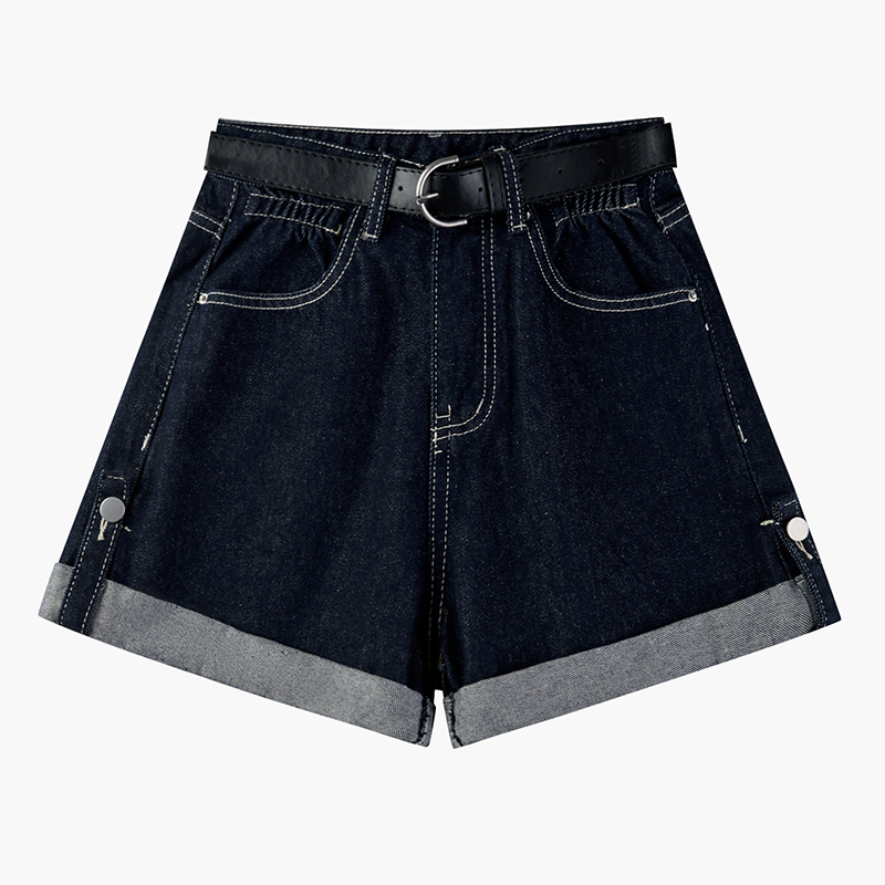 Women's High Waist Curly Denim Shorts Navy Blue - Shop at LoveMi