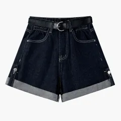 Women's High Waist Curly Denim Shorts - Navy Blue - View 1