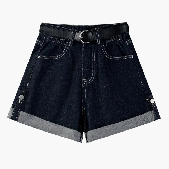 Women's High Waist Curly Denim Shorts Navy Blue - Shop at LoveMi