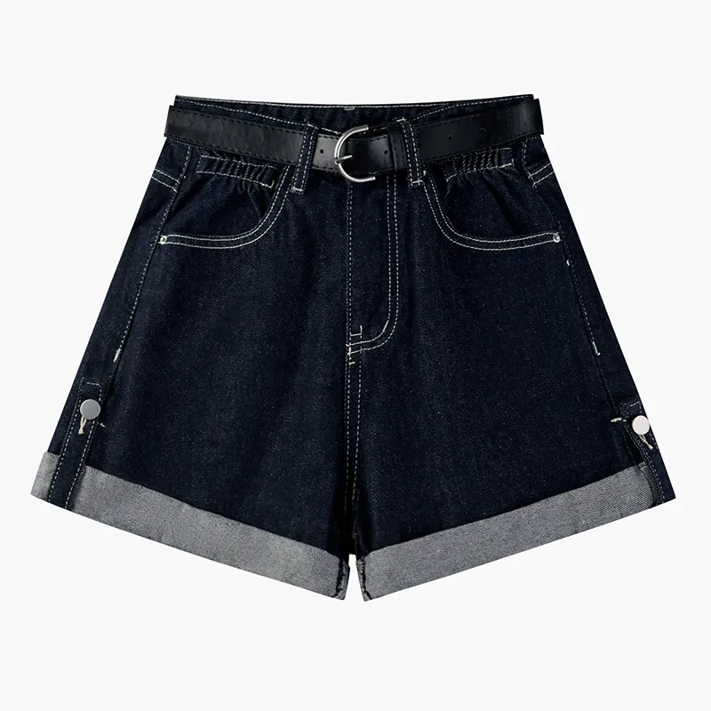 Women's High Waist Curly Denim Shorts - Navy Blue