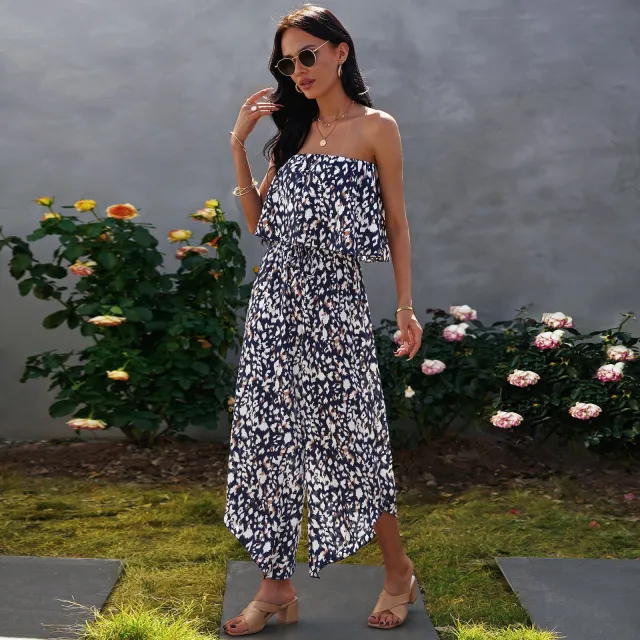 Women's Off Shoulder Chiffon Floral Jumpsuit Loose Wide Leg Pants Navy - Shop at LoveMi