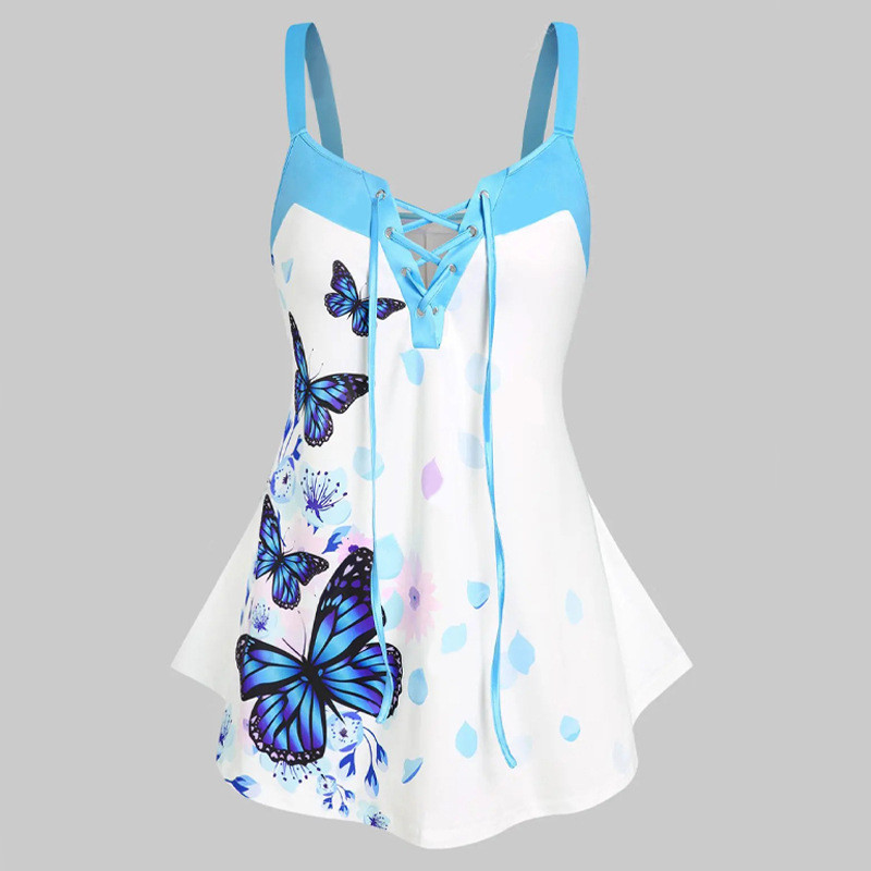 Loose Hem Printed V-neck Strappy Halter Top