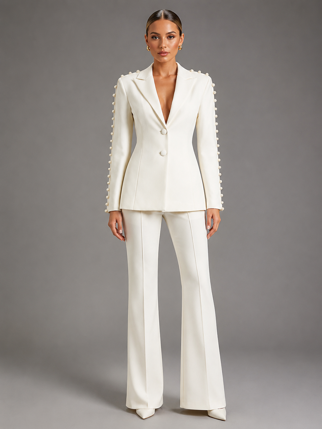 Pearl Embellished Peak Lapel Blazer & High Waist Full Flare Suit Trousers 2-Piece Set 4
