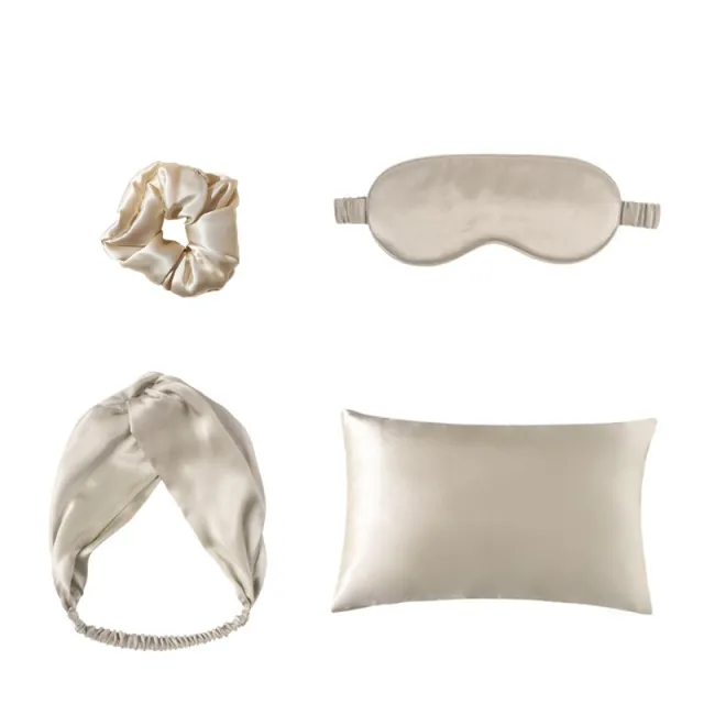 4 Piece Satin Sleep Set, Eye Mask and Pillowcase, Champagne - Shop at LoveMi