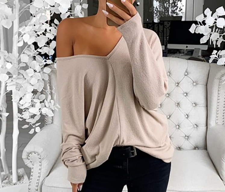 Title 8, Simple Big V-neck Drop Shoulder Loose Long Sleeves