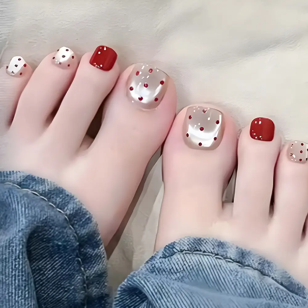24-piece Short Rectangular Fingernail Red Dot Pressing