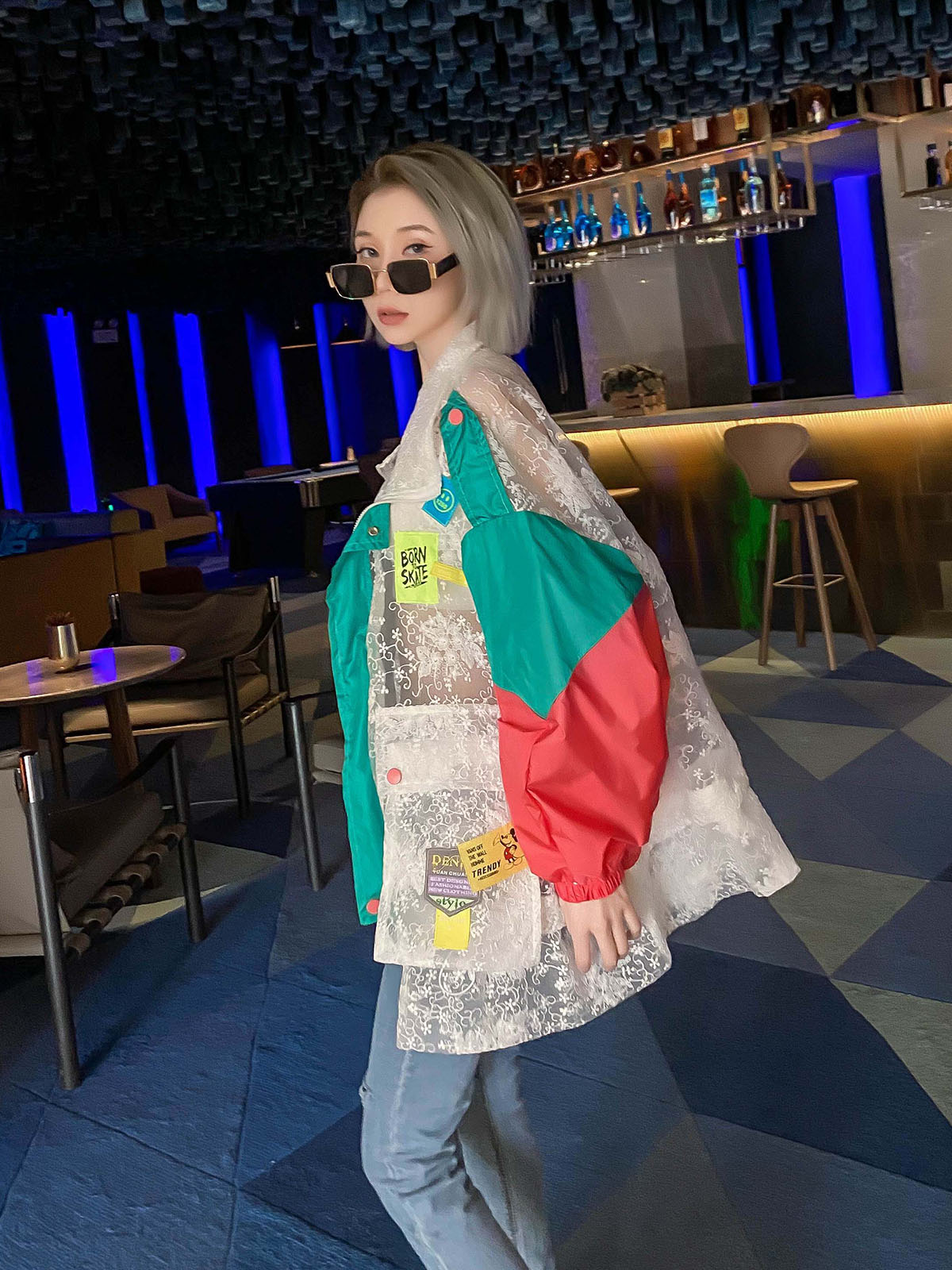 JACKETColor Matching Lace Stitching Fashion Perspective Loose Top