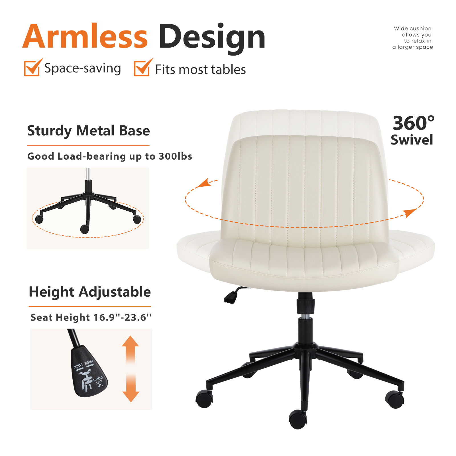 Office Desk Vanity Chair Cross Legged Armless Swivel Fabric Height Adjustable Wide Seat With Replaceable Wheels-Fixed Base, Comfy Task Chair Padded image 10