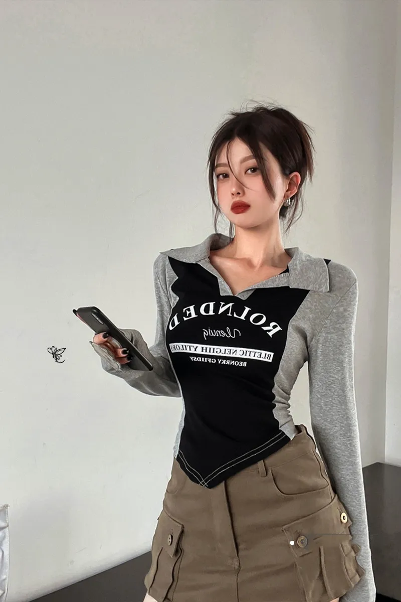 American Irregular POLO Neck T-shirt Women's New Autumn Retro Sweet And Spicy Tight - Black