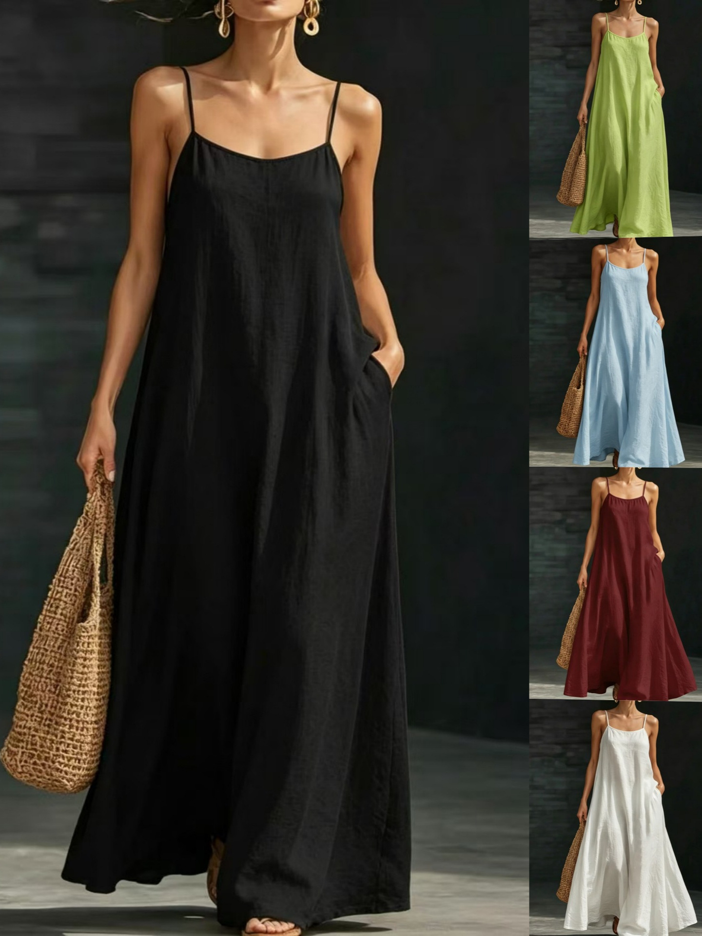 Summer Beach Spaghetti Strap Maxi Dress, Loose Flowy Casual Long Dress For Vacation & Holiday Dresses For Women