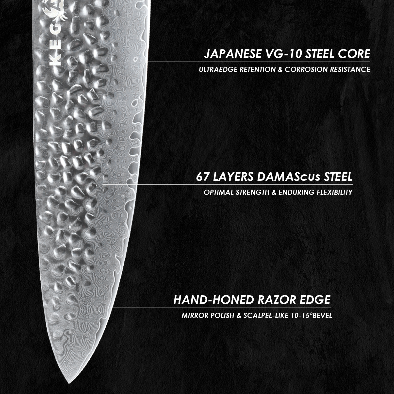 Kegani Chef Knife, 8 Inch Damascus Chefs Knife, Japanese VG10 Super Steel Hammered, G10 Handle Kitchen Knife, Classic Series