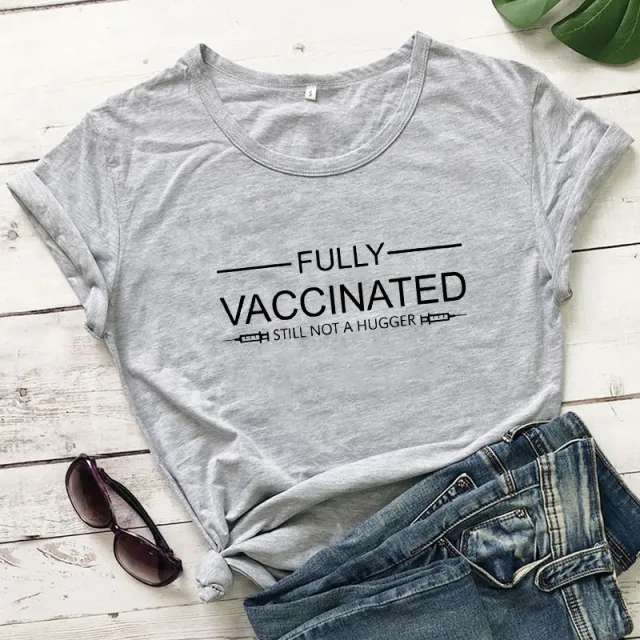 Fully Vaccinated Still Not A Black And White Letters Popular Short sleeved T shirt Light Grey - Shop at LoveMi