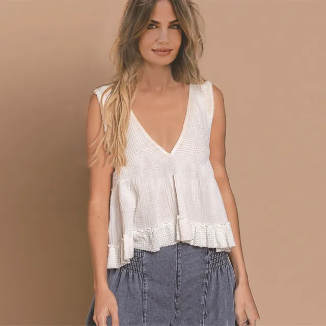 Deep V neck Sleeveless Top Loose Casual Women's Ruffled Stitching Vest White - Shop at LoveMi