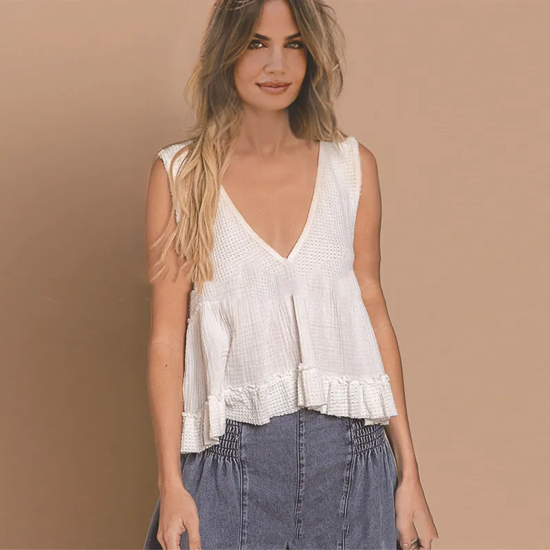 Deep V-neck Sleeveless Top Loose Casual Women's Ruffled Stitching Vest - White