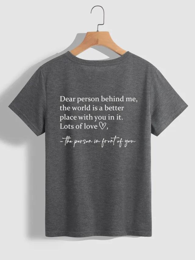 Round Neck Slogan Printed Short Sleeved T shirt Dark Grey - Shop at LoveMi
