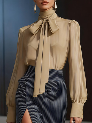 Women's High-neck Puff-sleeved Blouse With Tie