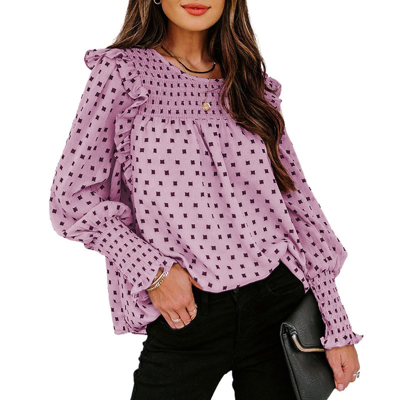 Frilled Lantern Sleeve Polka Dot Chiffon Top