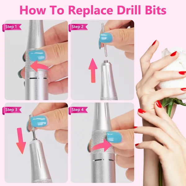 Portable Electric Nail Drill Bit 45000 RPM With 11 Bits Base Waist Clip Cordless Rechargeable Nail File Machine For Professional Salon Home Acrylic Nails Remove Nail Gel Polish Manicure 8