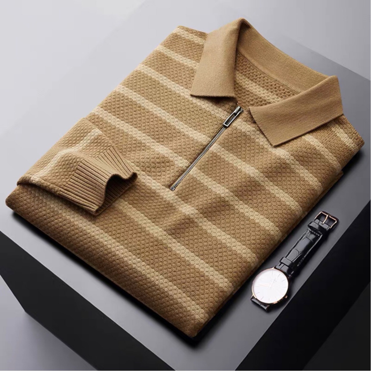 Autumn And Winter Collision Color Striped Polo Shirt Men's Long-sleeved Sweater