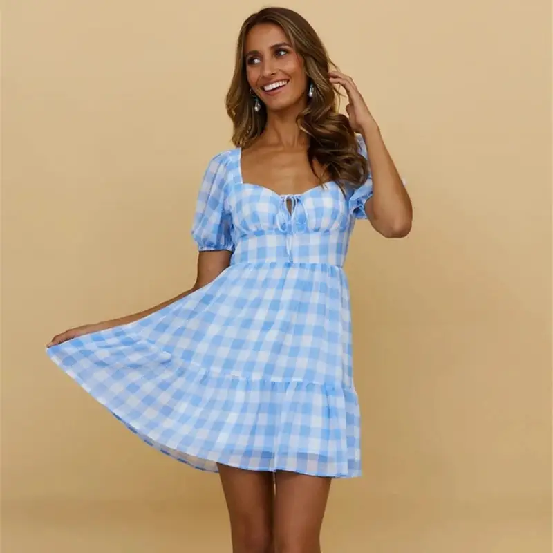 European And American Women's Checked Backless Dress