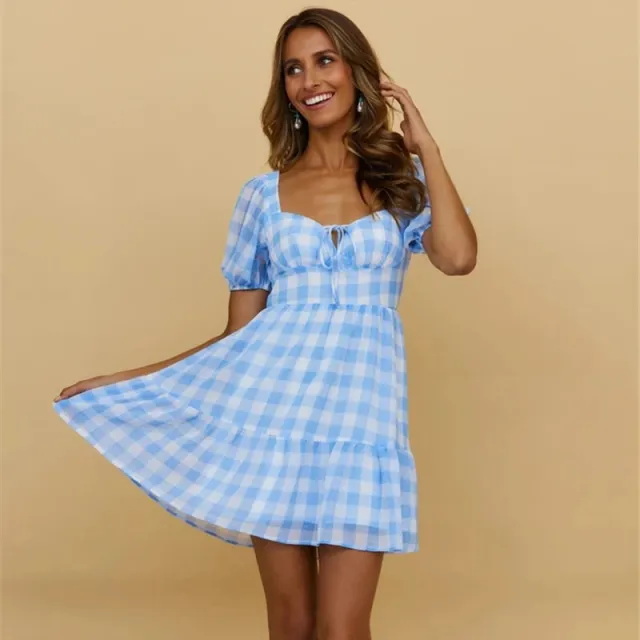 European And American Women's Checked Backless Dress Sky Blue - Shop at LoveMi