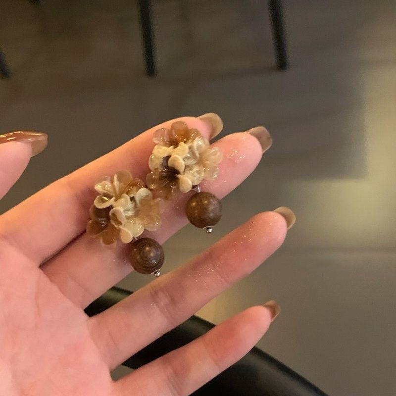 Amber Resin Stud Earrings with Gold-Tone Accents - Vintage Button Style