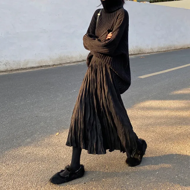 Velvet Pleated Long Skirt A line Half Length Skirt Black - Shop at LoveMi