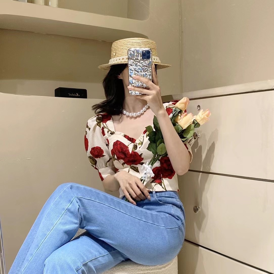 Women's Retro Square Neck High Waist Puff Sleeve Floral Top