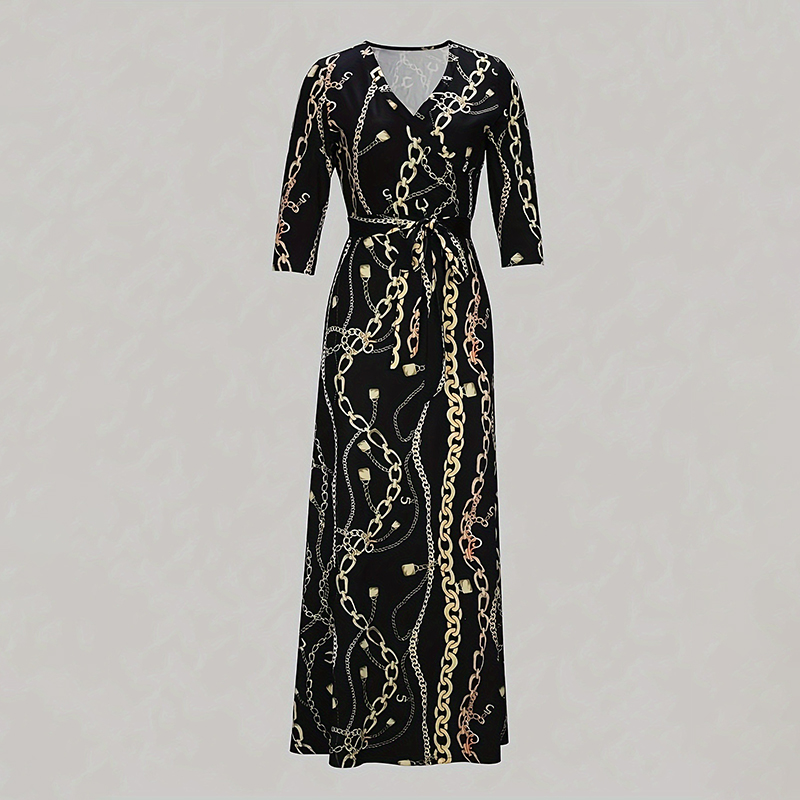 Women's Summer Geometric Print Maxi Dresses Casual 3 4 Sleeve V-Neck Tie Waist Long Dress - Image 4