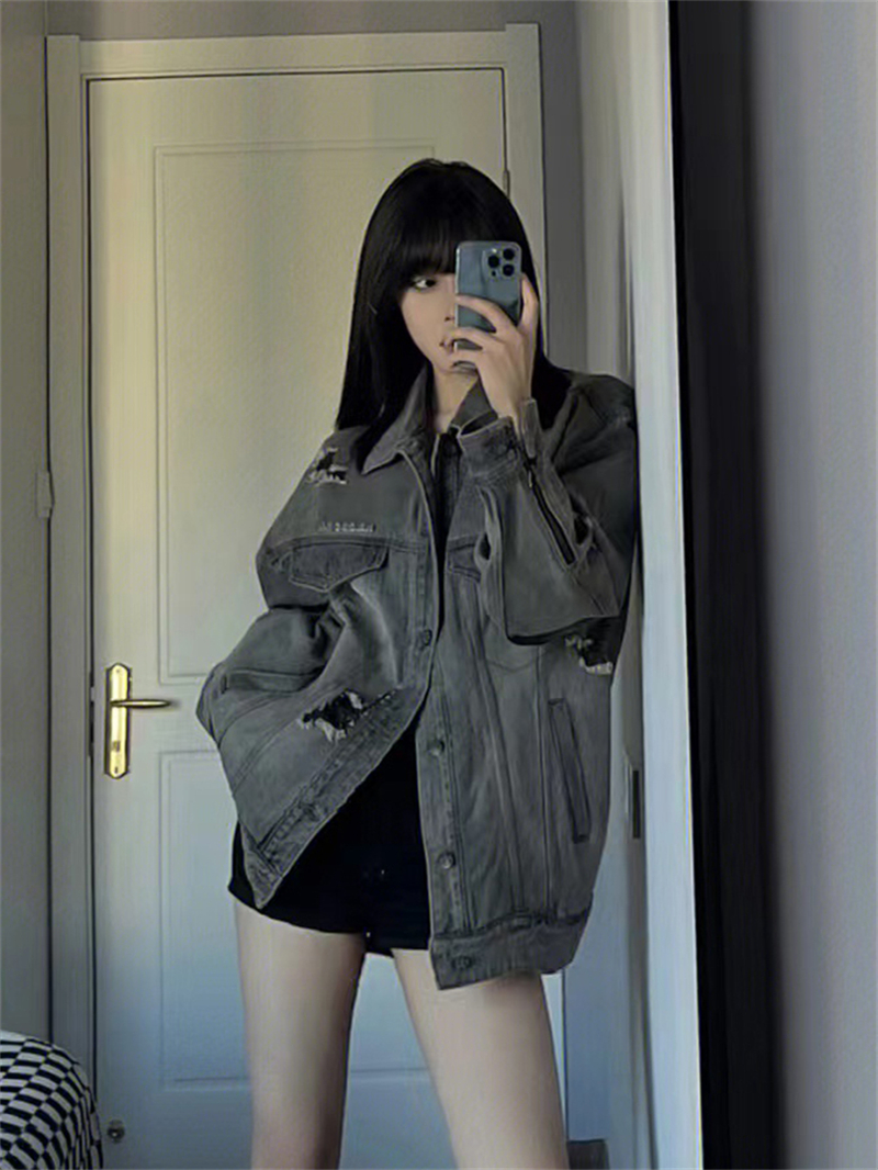 Women's American Vintage Loose Jacket Denim Coat Navy - Shop at LoveMi