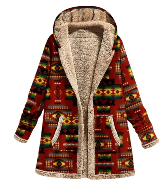 Cotton And Linen Printed Hooded Sweater Warm Plush Jacket Wine Red - Shop at LoveMi