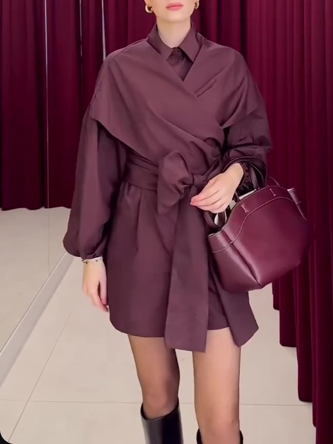 Deep Magenta Structured Wrap Tie-Waist Puff Sleeve Shirt Dress
