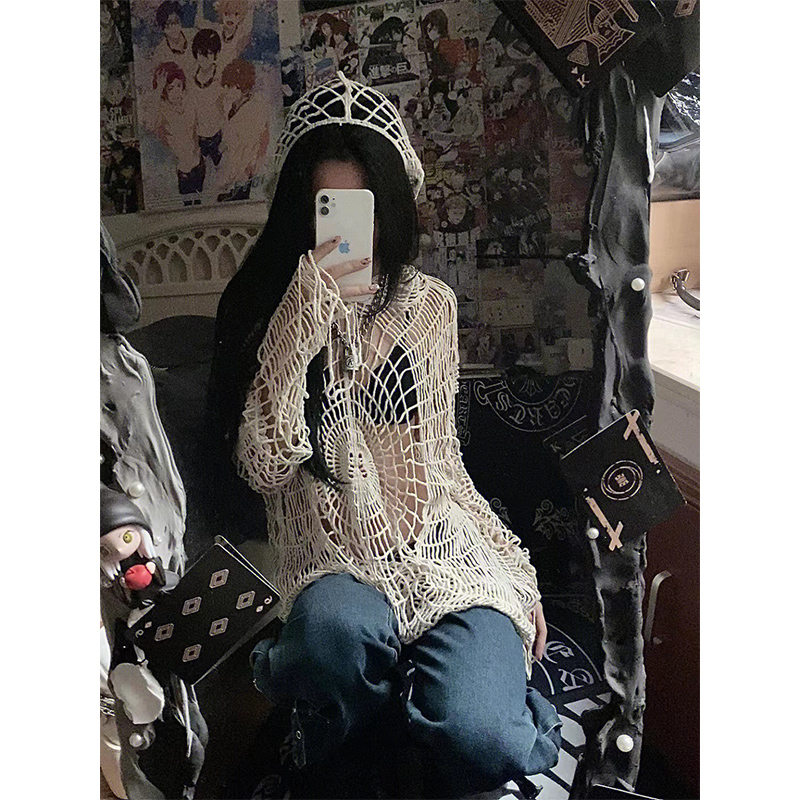 Hooded Sweater Female Spider Web Hollowed Hole